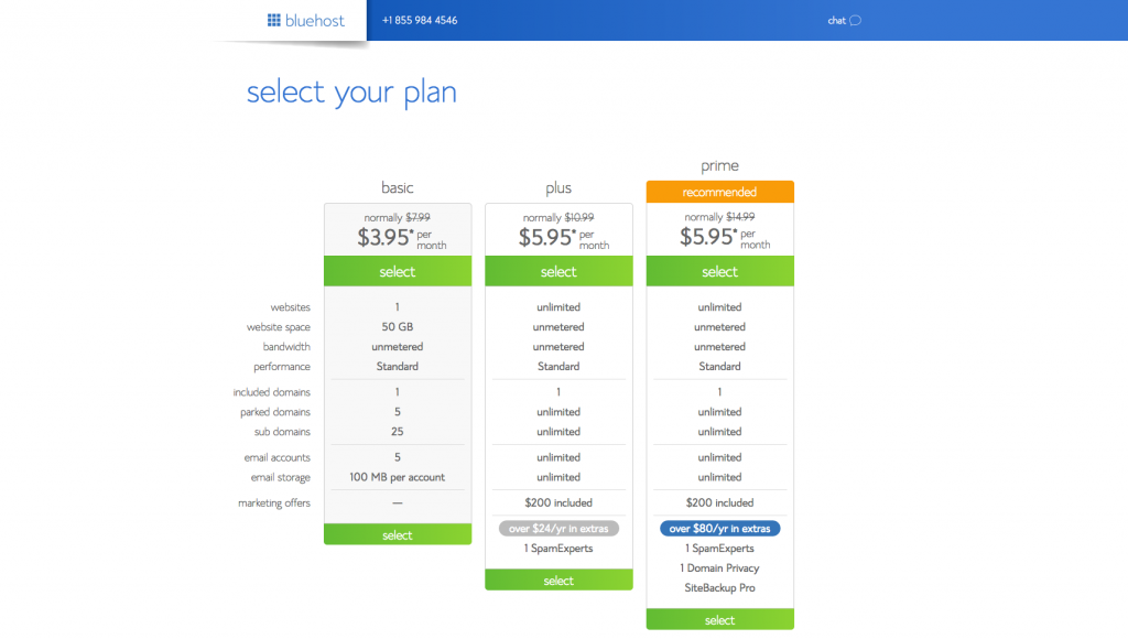 Select a Bluehost plan